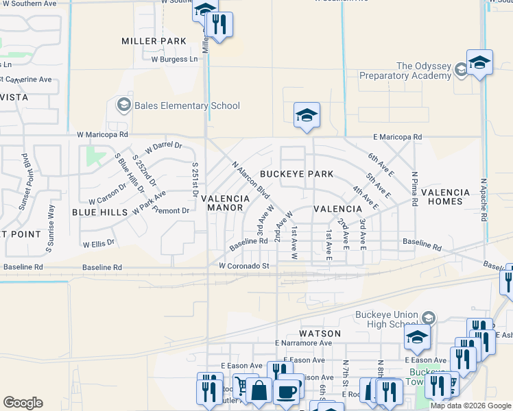 map of restaurants, bars, coffee shops, grocery stores, and more near 204 3rd Avenue West in Buckeye