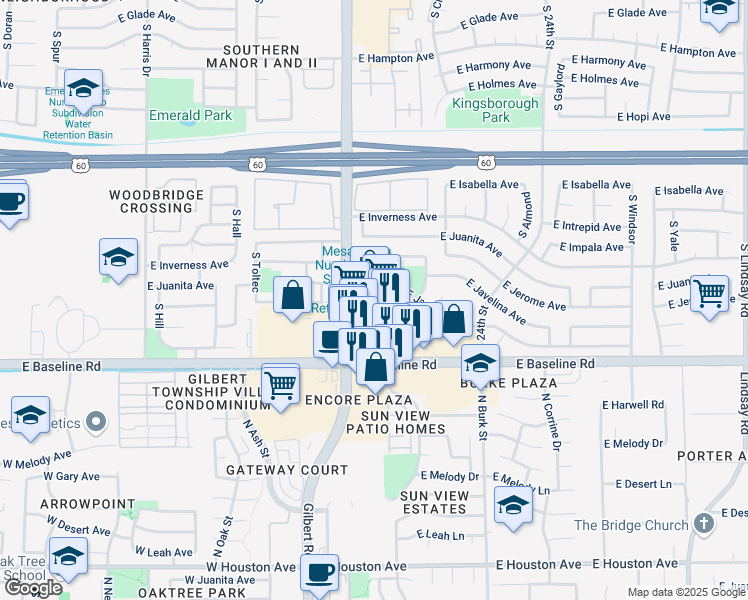 map of restaurants, bars, coffee shops, grocery stores, and more near 2048 East Baseline Road in Mesa