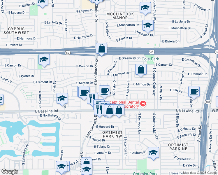 map of restaurants, bars, coffee shops, grocery stores, and more near 4825 South Kachina Drive in Tempe