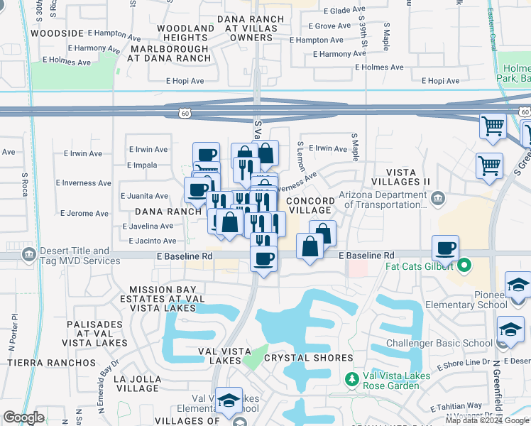 map of restaurants, bars, coffee shops, grocery stores, and more near 1935 South Val Vista Drive in Mesa