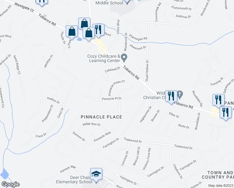 map of restaurants, bars, coffee shops, grocery stores, and more near 4021 Pinnacle Way in Hephzibah