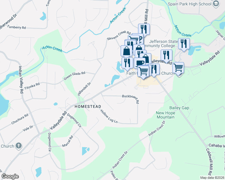 map of restaurants, bars, coffee shops, grocery stores, and more near 2612 Buckboard Road in Birmingham