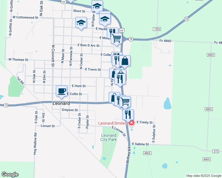 map of restaurants, bars, coffee shops, grocery stores, and more near 105 North Pecan Street in Leonard