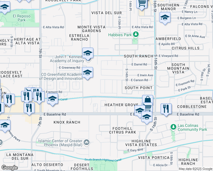 map of restaurants, bars, coffee shops, grocery stores, and more near 7219 South 12th Way in Phoenix