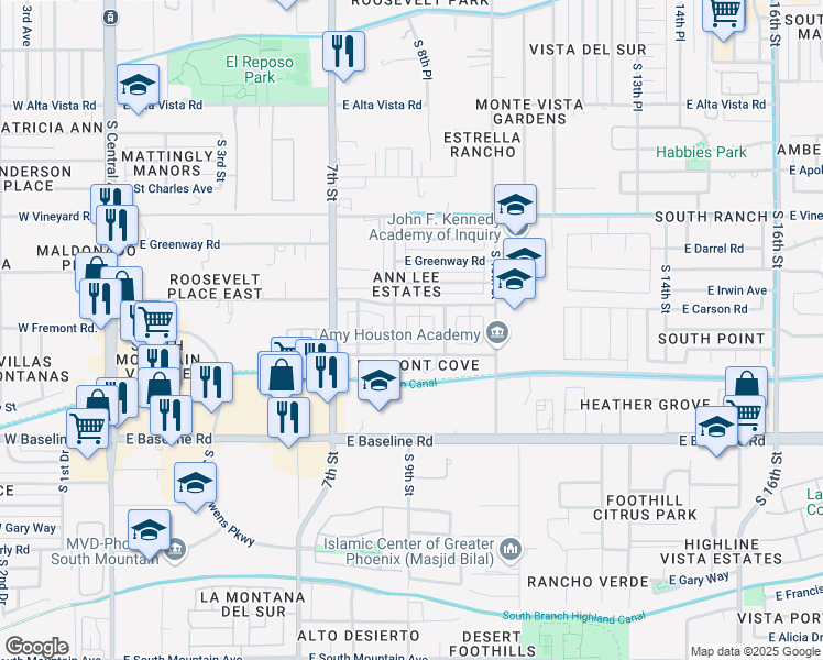 map of restaurants, bars, coffee shops, grocery stores, and more near 7122 South 8th Place in Phoenix