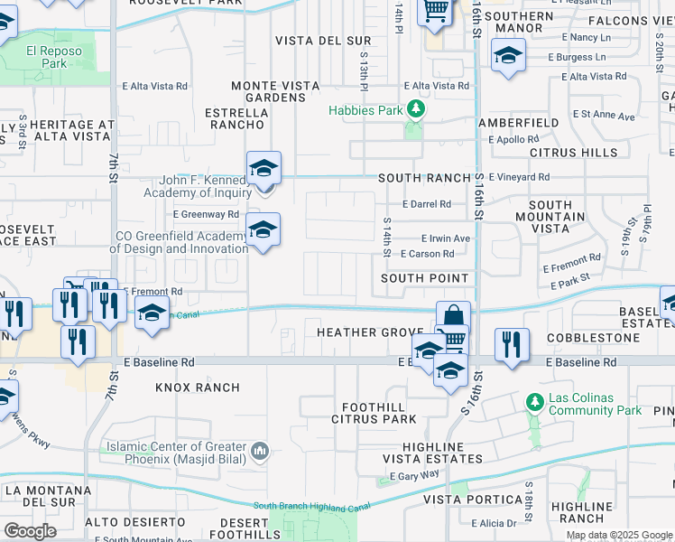 map of restaurants, bars, coffee shops, grocery stores, and more near 7220 South 13th Street in Phoenix