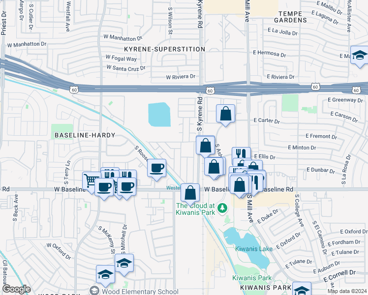 map of restaurants, bars, coffee shops, grocery stores, and more near 400 West Baseline Road in Tempe