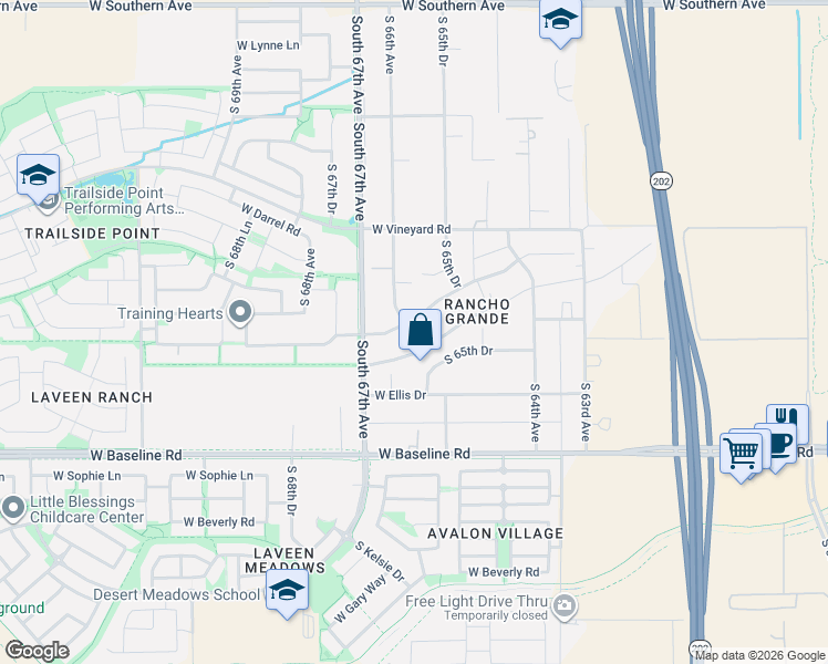 map of restaurants, bars, coffee shops, grocery stores, and more near 7252 South 65th Drive in Maricopa County