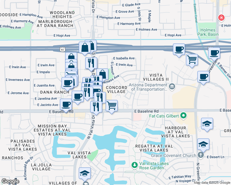 map of restaurants, bars, coffee shops, grocery stores, and more near 34 East Quail Vista Village Amnd in Mesa