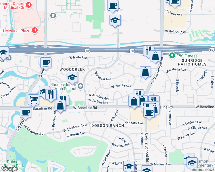 map of restaurants, bars, coffee shops, grocery stores, and more near 1519 West Juanita Avenue in Mesa