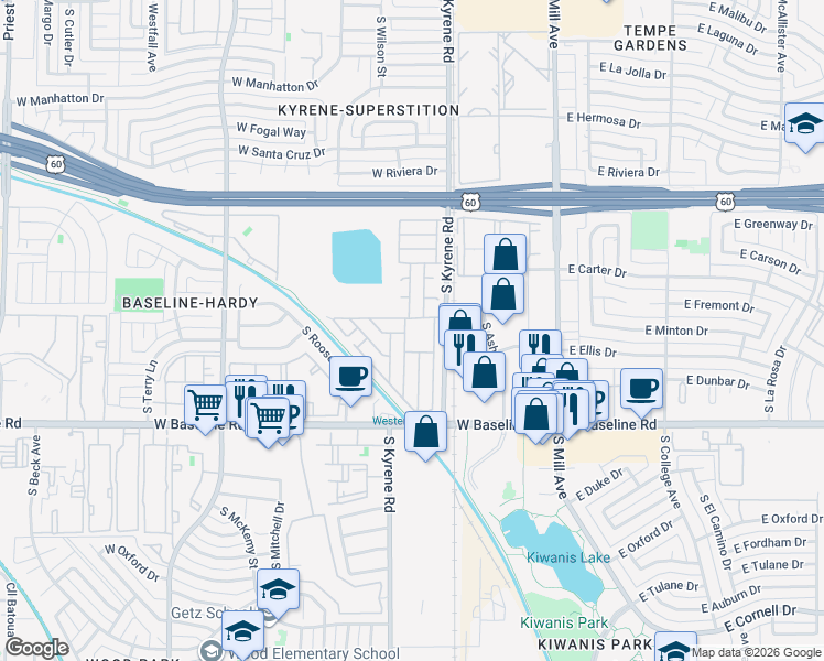 map of restaurants, bars, coffee shops, grocery stores, and more near 400 West Baseline Road in Tempe