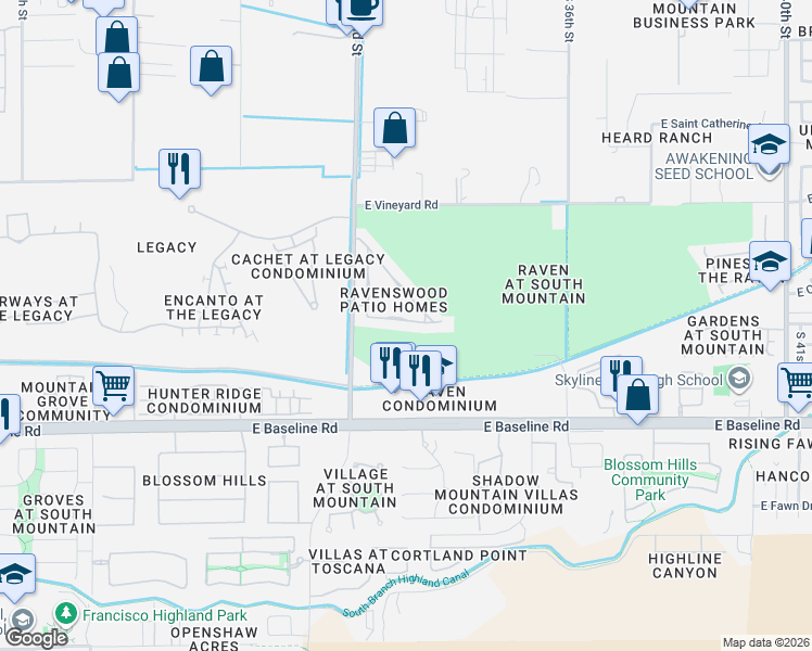 map of restaurants, bars, coffee shops, grocery stores, and more near 3243 East Fremont Road in Phoenix
