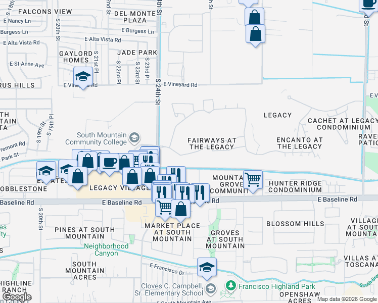 map of restaurants, bars, coffee shops, grocery stores, and more near 2447 East Fremont Road in Phoenix