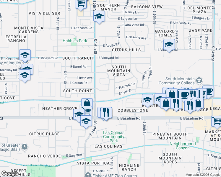 map of restaurants, bars, coffee shops, grocery stores, and more near 1641 East Fremont Road in Phoenix