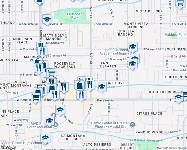 map of restaurants, bars, coffee shops, grocery stores, and more near 7131 South 7th Street in Phoenix