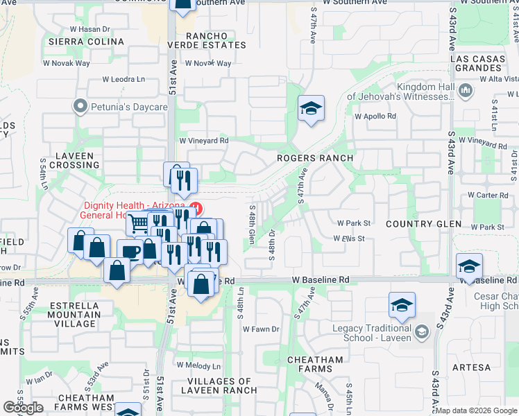 map of restaurants, bars, coffee shops, grocery stores, and more near 7217 South 48th Lane in Phoenix
