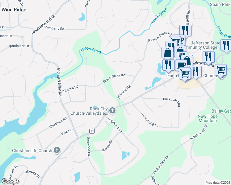 map of restaurants, bars, coffee shops, grocery stores, and more near 432 Fern Cove Circle in Birmingham