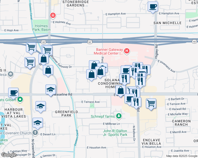 map of restaurants, bars, coffee shops, grocery stores, and more near 4838 East Baseline Road in Mesa