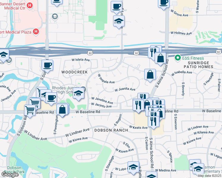 map of restaurants, bars, coffee shops, grocery stores, and more near 1519 West Juanita Avenue in Mesa