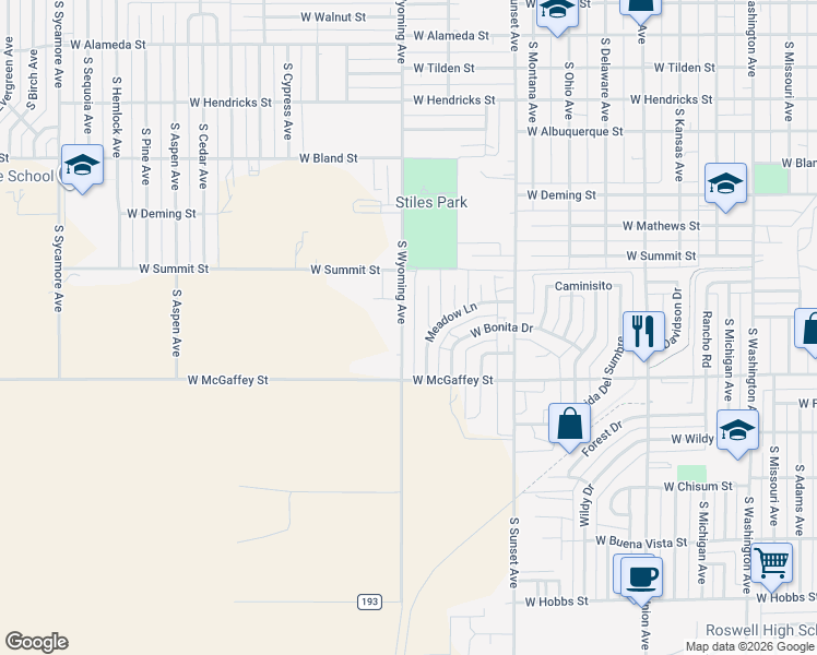 map of restaurants, bars, coffee shops, grocery stores, and more near 1005 South Wyoming Avenue in Roswell