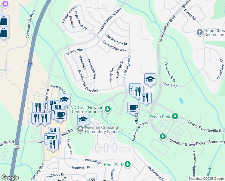 map of restaurants, bars, coffee shops, grocery stores, and more near 23 Stonebridge Crossing in Newnan