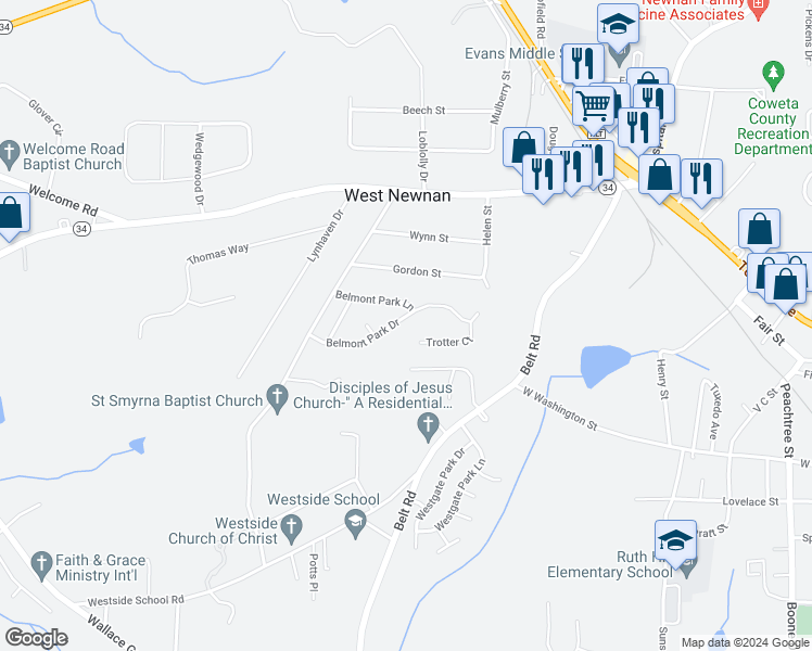 map of restaurants, bars, coffee shops, grocery stores, and more near 75 Belmont Park Drive in Newnan