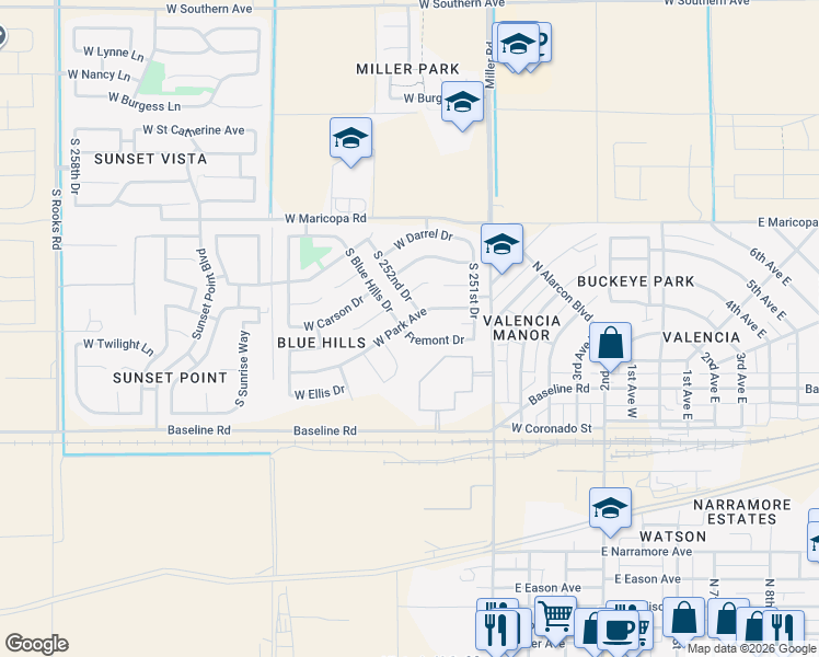 map of restaurants, bars, coffee shops, grocery stores, and more near 25259 West Park Avenue in Buckeye