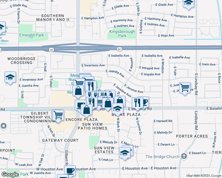 map of restaurants, bars, coffee shops, grocery stores, and more near 1849 South Briar Circle in Mesa