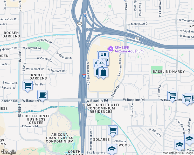 map of restaurants, bars, coffee shops, grocery stores, and more near 5000 South Arizona Mills Circle in Tempe