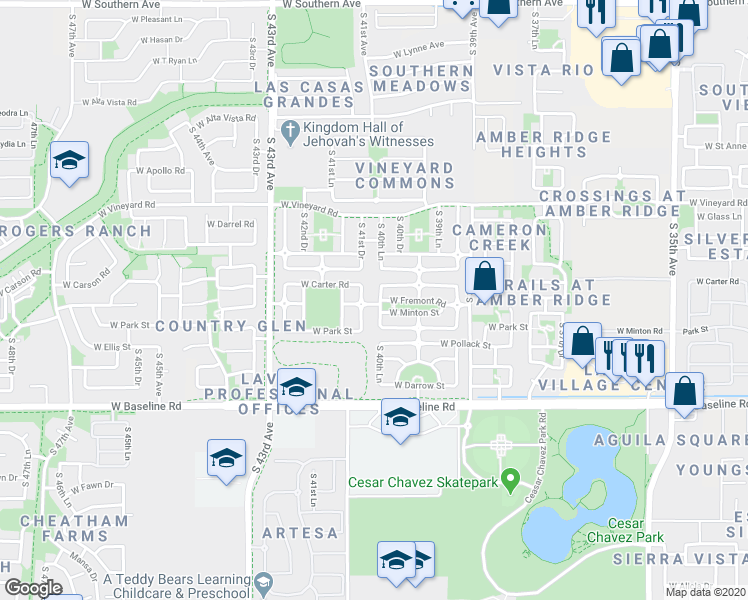 map of restaurants, bars, coffee shops, grocery stores, and more near 7218 South 40th Lane in Phoenix