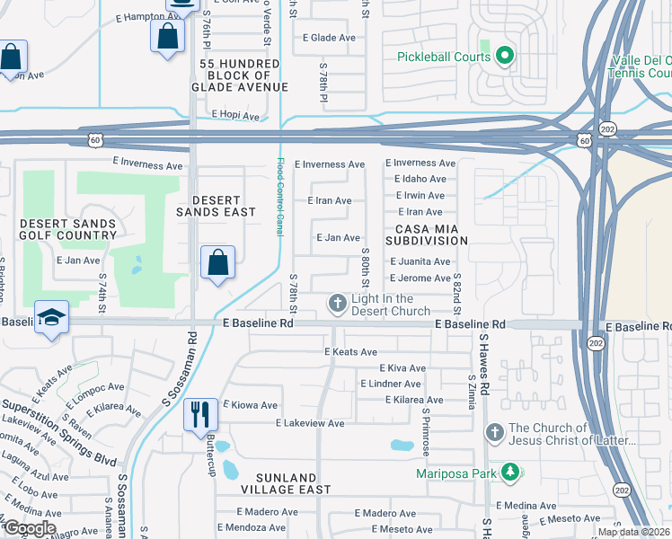 map of restaurants, bars, coffee shops, grocery stores, and more near 7921 East Jerome Avenue in Mesa