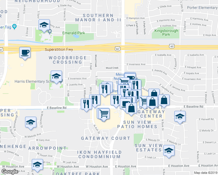 map of restaurants, bars, coffee shops, grocery stores, and more near 1901 East Jamaica Avenue in Mesa