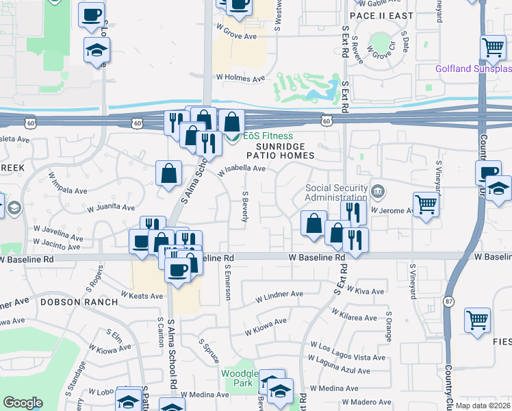 map of restaurants, bars, coffee shops, grocery stores, and more near 1844 West Beverly in Mesa