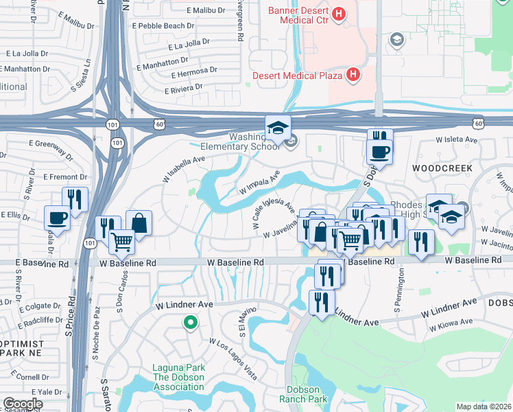 map of restaurants, bars, coffee shops, grocery stores, and more near 2337 West Calle Iglesia Avenue in Mesa