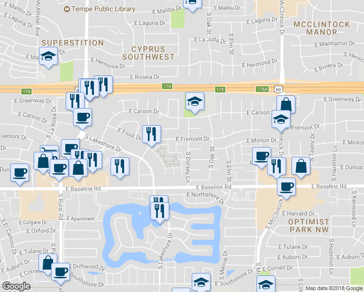 map of restaurants, bars, coffee shops, grocery stores, and more near 1236 East Baker Drive in Tempe