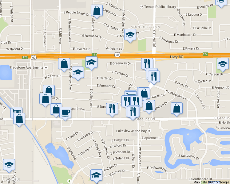 map of restaurants, bars, coffee shops, grocery stores, and more near 4725 South McAllister Avenue in Tempe