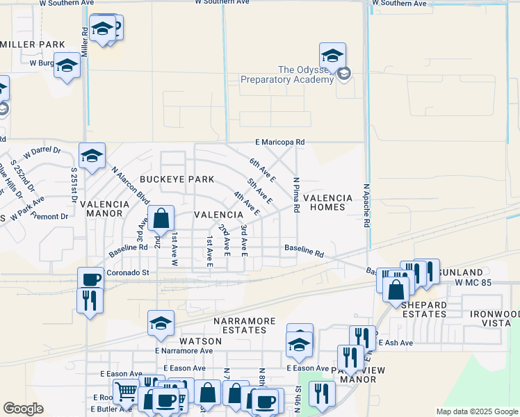 map of restaurants, bars, coffee shops, grocery stores, and more near 302 4th Avenue East in Buckeye