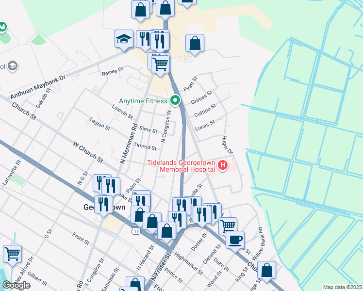 map of restaurants, bars, coffee shops, grocery stores, and more near 721 North Fraser Street in Georgetown