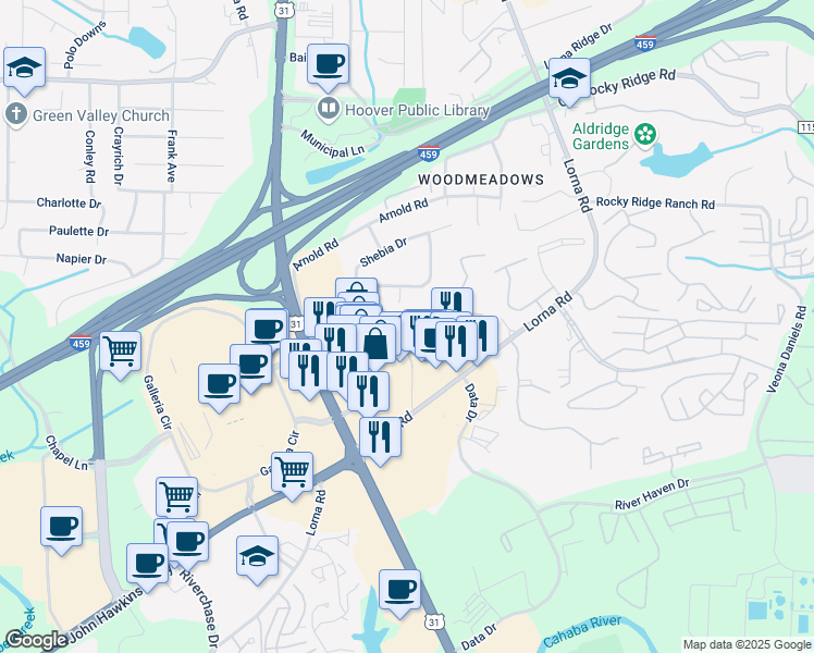 map of restaurants, bars, coffee shops, grocery stores, and more near 3709 Lodge Drive in Hoover