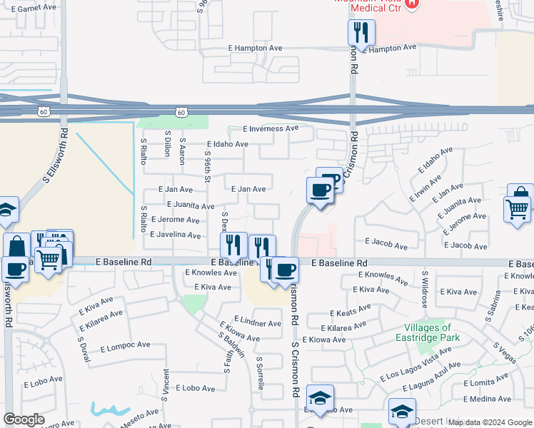 map of restaurants, bars, coffee shops, grocery stores, and more near 9742 East Jerome Avenue in Mesa