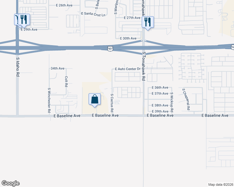 map of restaurants, bars, coffee shops, grocery stores, and more near 3825 South Cactus Road in Apache Junction