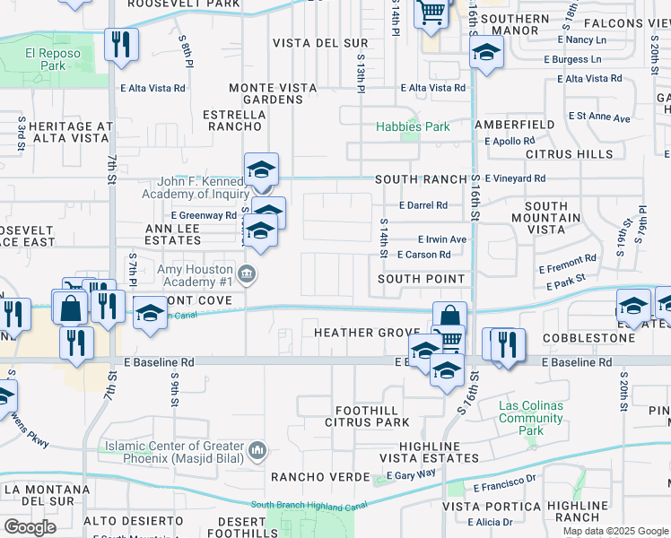 map of restaurants, bars, coffee shops, grocery stores, and more near 7216 South 13th Street in Phoenix