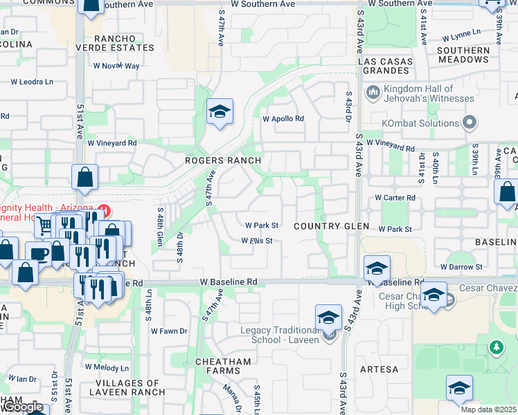 map of restaurants, bars, coffee shops, grocery stores, and more near 4505 West Fremont Road in Phoenix