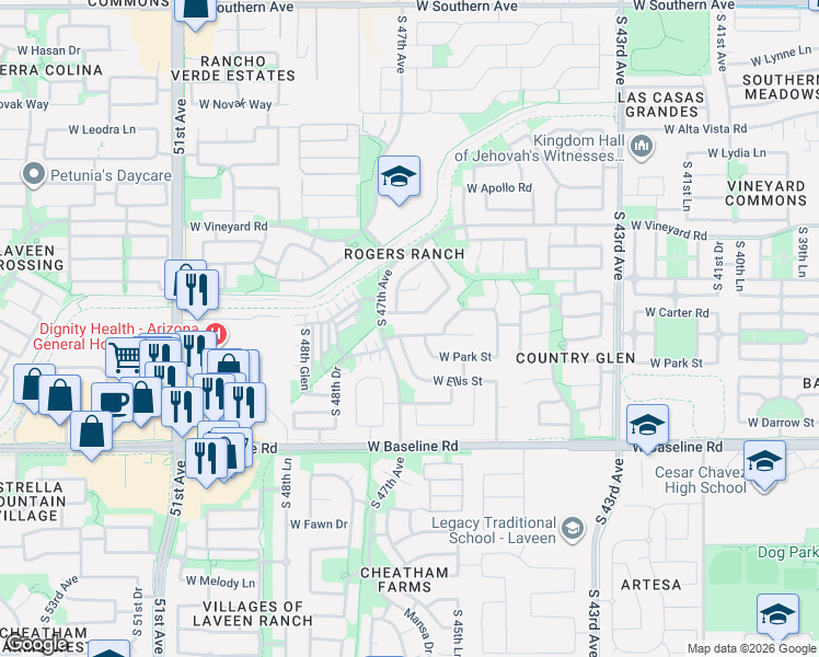map of restaurants, bars, coffee shops, grocery stores, and more near 7213 South 46th Lane in Phoenix