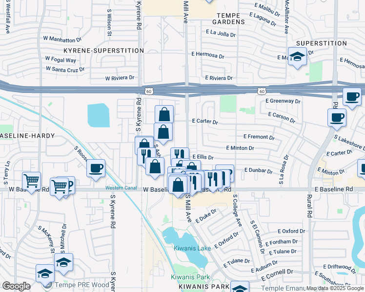 map of restaurants, bars, coffee shops, grocery stores, and more near 4685 South Ash Avenue in Tempe