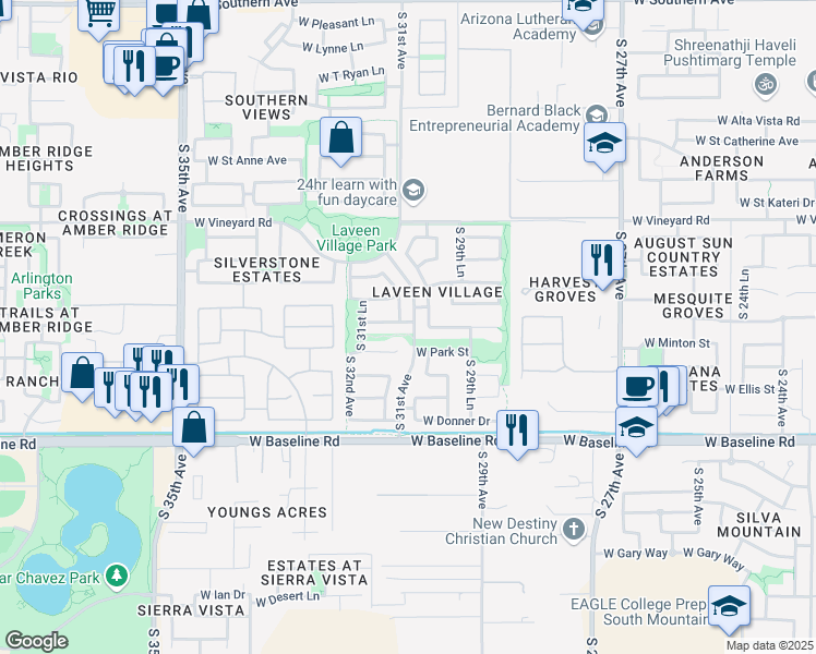 map of restaurants, bars, coffee shops, grocery stores, and more near 3105 West Fremont Road in Phoenix
