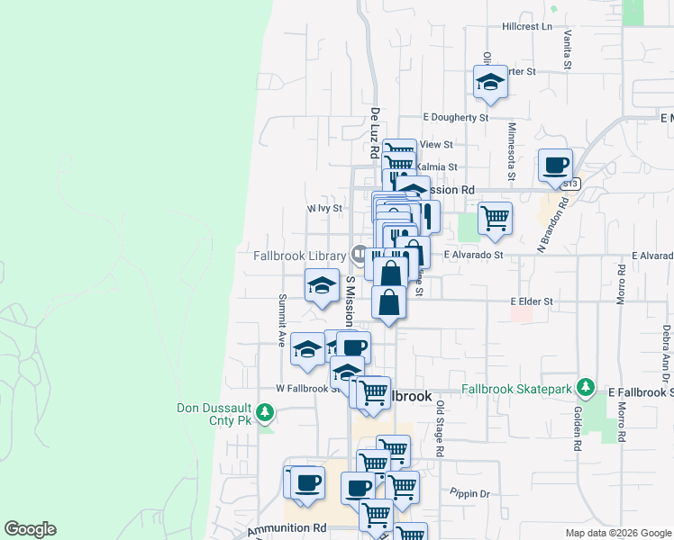 map of restaurants, bars, coffee shops, grocery stores, and more near 230 West Fig Street in Fallbrook