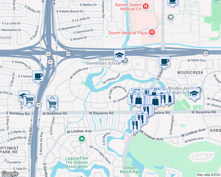 map of restaurants, bars, coffee shops, grocery stores, and more near 2337 West Calle Iglesia Avenue in Mesa