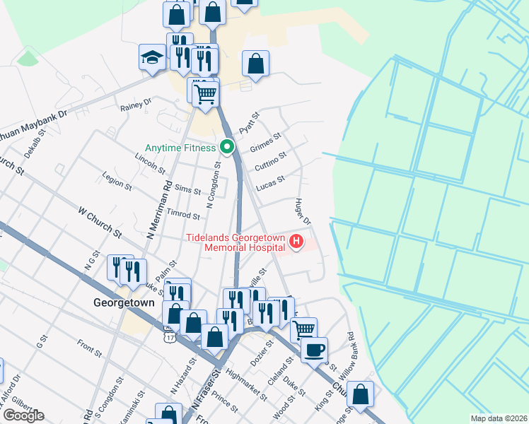 map of restaurants, bars, coffee shops, grocery stores, and more near 1201 Landgrave Street in Georgetown