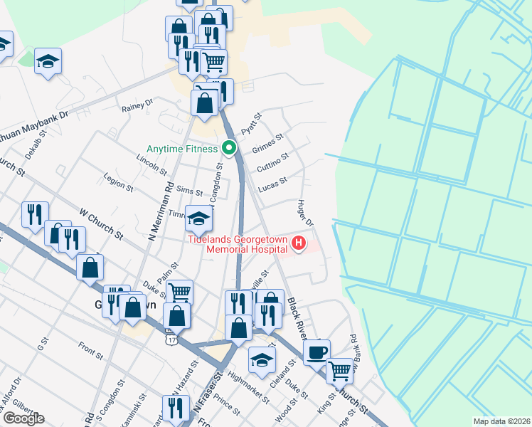 map of restaurants, bars, coffee shops, grocery stores, and more near 1201 Landgrave Street in Georgetown